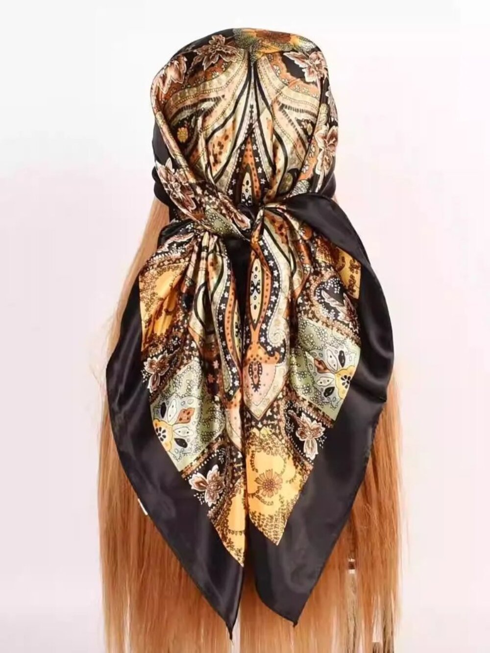 2/$30 NWT Silk Feeling Paisley Square Scarf Black Gold 90x90cm